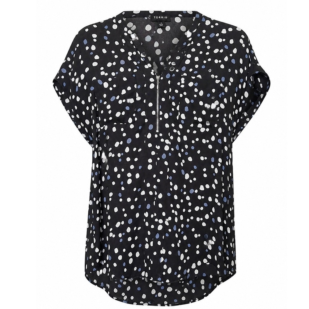 Torrid Blouse Womens XL Black Polka Dot Zip Front Short Sleeve Georgette Top
